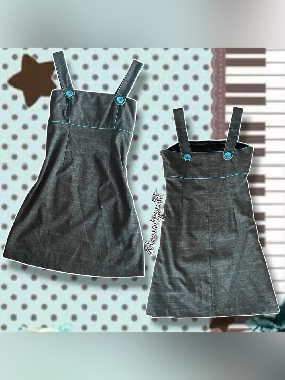 VTG Y2K Vertigo Paris Gray Plaid Pinafore Dress with Baby Blue Trim & Buttons